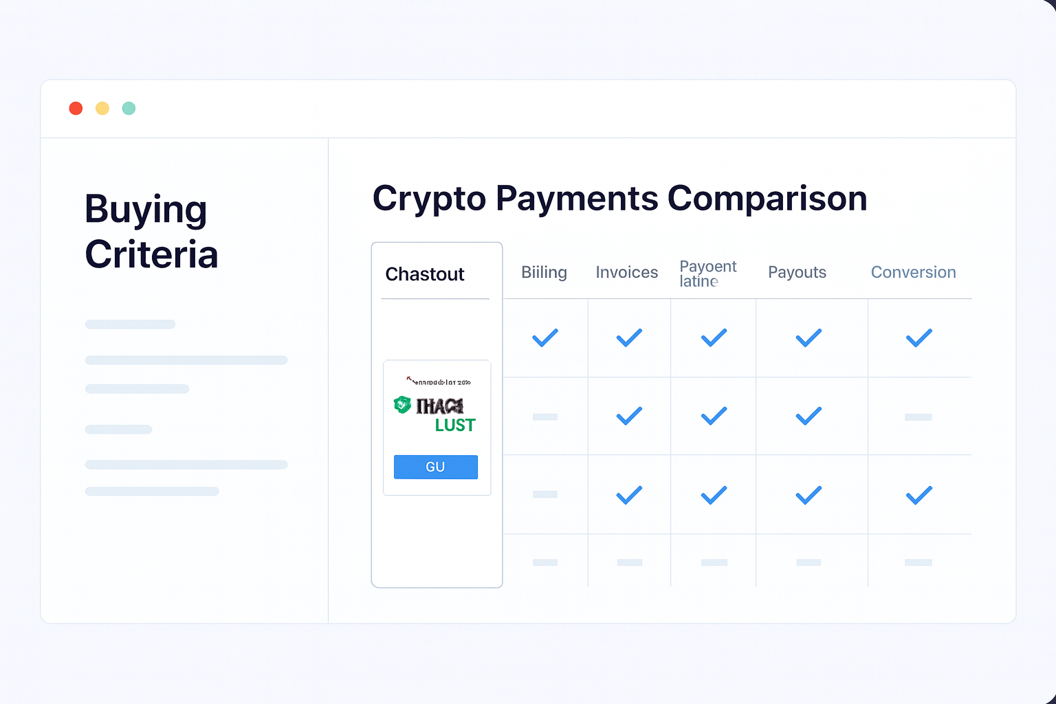 Crypto Payments Comparison for Businesses buying criteria visual